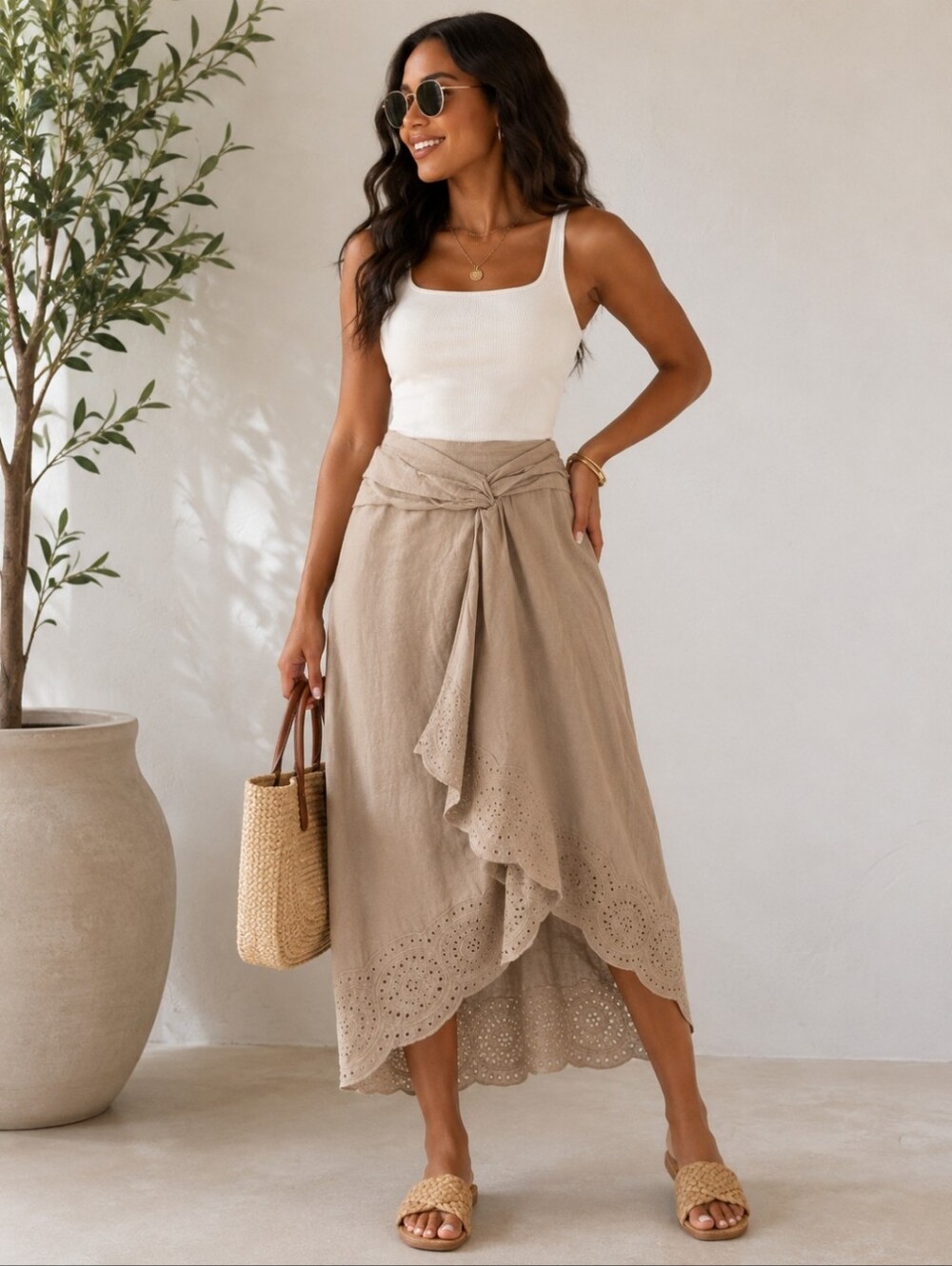 Jason Wu Tan Linen‎ Blend Eyelet High-Low Skirt